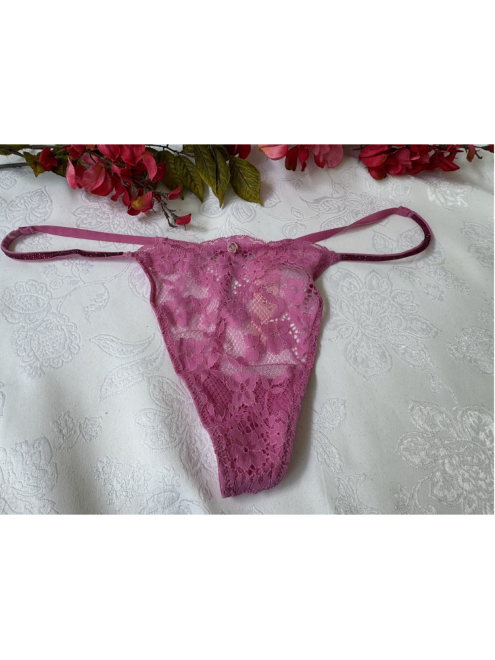 VICTORIA'S SECRET XL PINK LACE RHINESTONE SHINE STRAP V STRING THONG PANTIES NWT